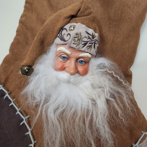 3D Santa Claus Sculpture Christmas Stocking Brown Faux Suede Embroidered - Picture 3 of 7